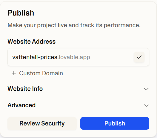 Dialog at Lovable for publishing the web site to vattenfall-prices.lovable.app